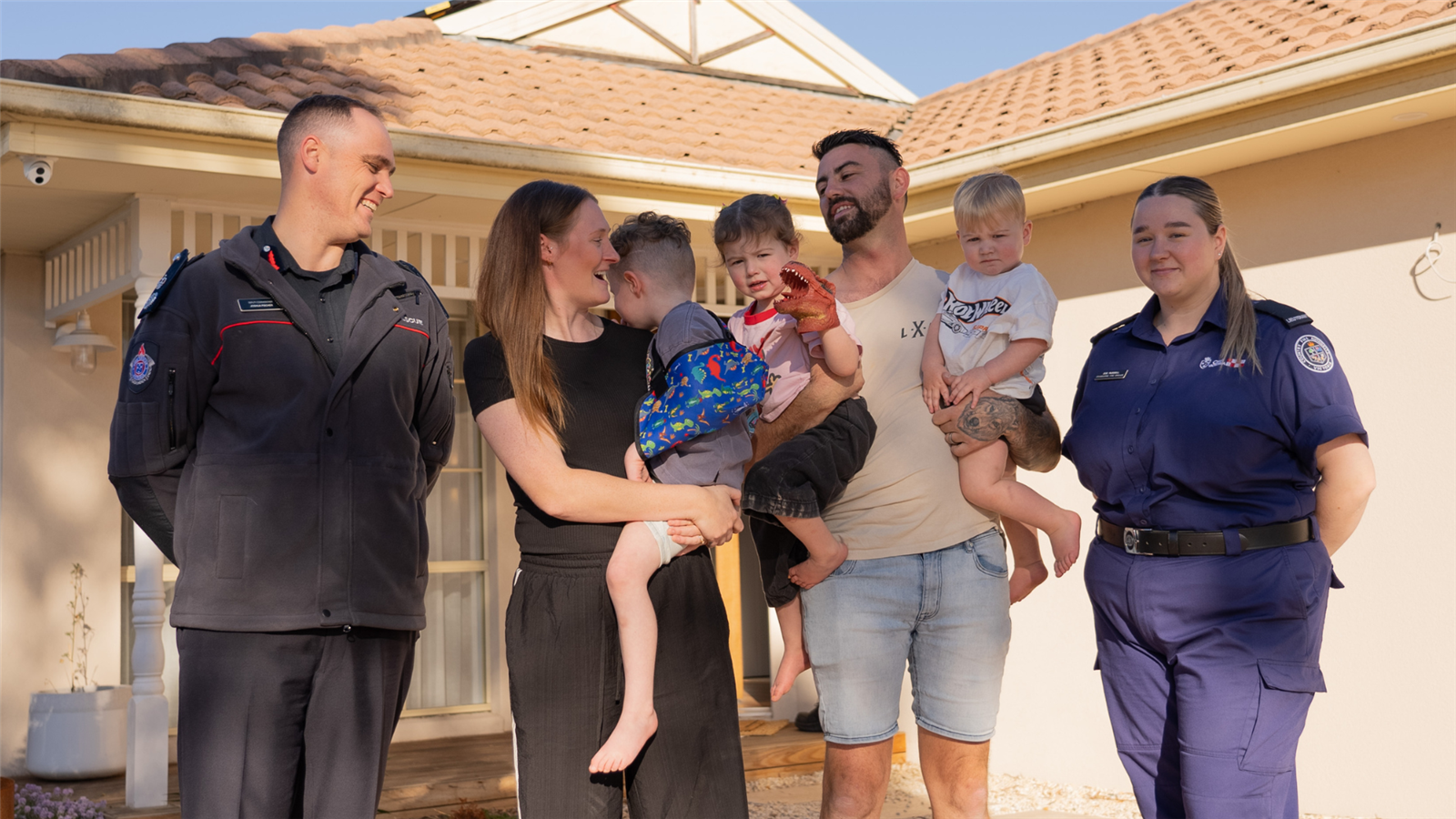 Fire Rescue Victoria Deputy Commissioner, Community Safety, Joshua Fischer, Ashlea and Michael Vamplew with Harlow and Cranbourne Fire Brigade CFA member Zoe Russell.